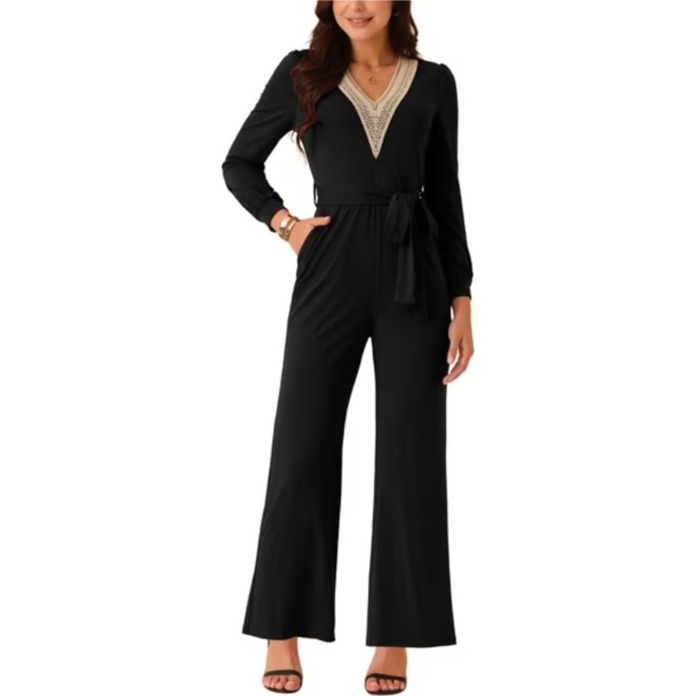 Seta T Black Long Sleeve V Neck Lace Trim‎ Wide Leg Jumpsuit M NWT
